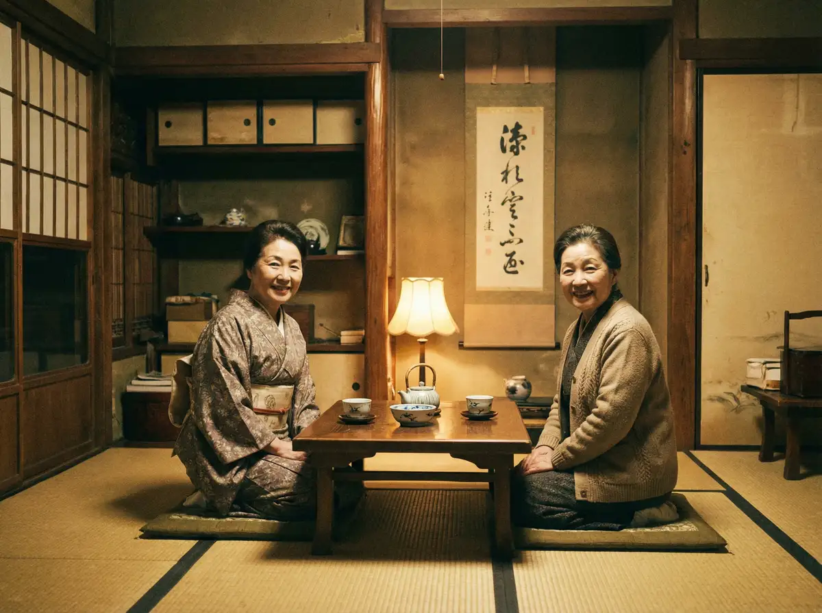 两位优雅的 jkf 在日式茶室中品茶交谈